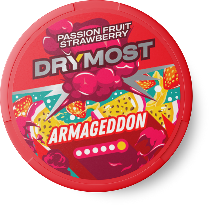 Opakowanie DRYMOST Armageddon Passion Fruit Strawberry - saszetki nikotynowe o smaku marakui i truskawki